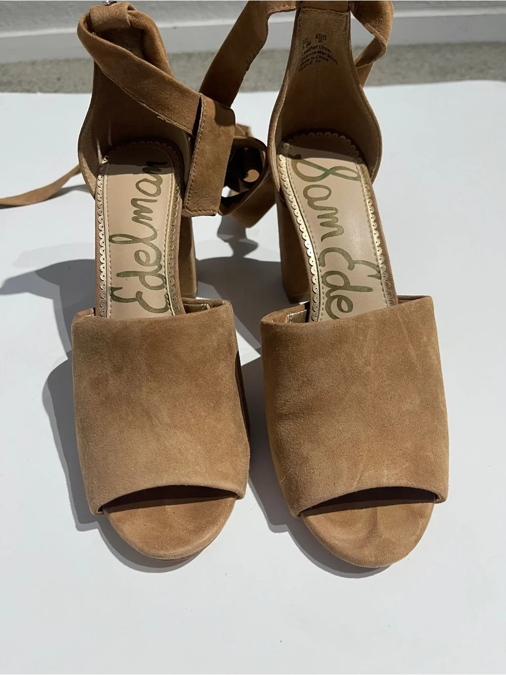 Sam Edelman Tan Suede Ankle-Tie Block Heels